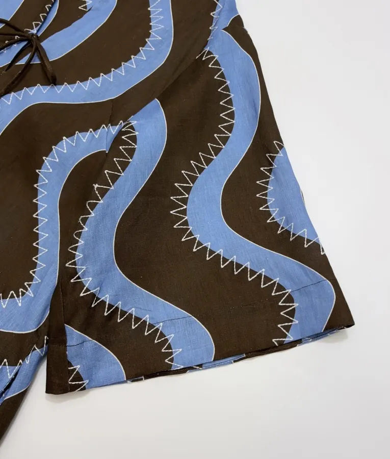 Retro Wave Embroidered Printed Loose-Fit Mid-Length Dress in Blue and Brown, product view 04