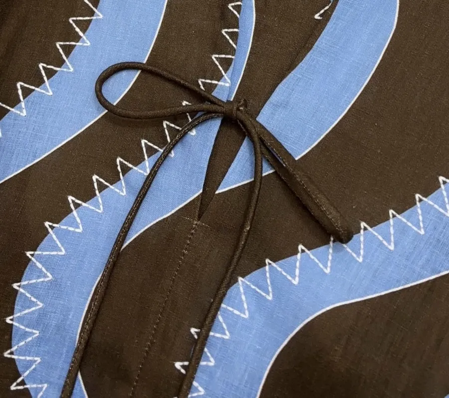 Retro Wave Embroidered Printed Loose-Fit Mid-Length Dress in Blue and Brown, product view 08