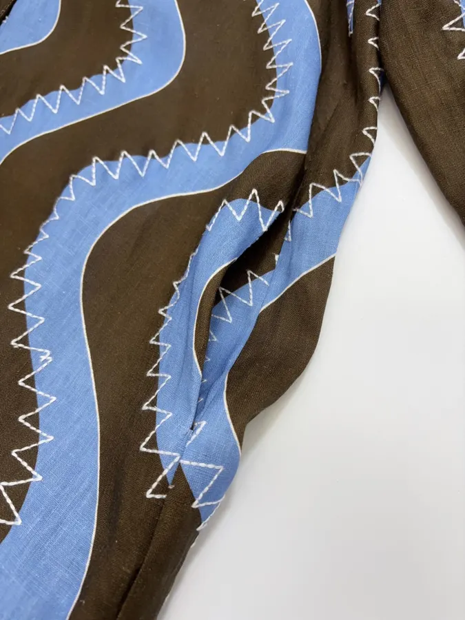 Retro Wave Embroidered Printed Loose-Fit Mid-Length Dress in Blue and Brown, product view 10