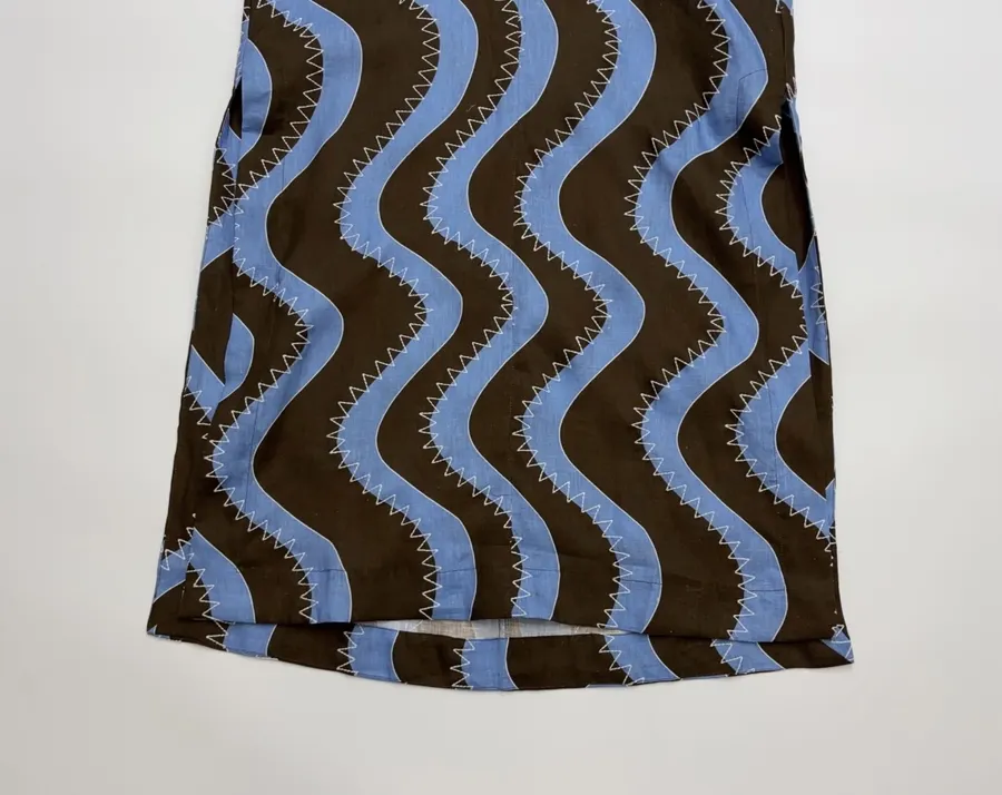 Retro Wave Embroidered Printed Loose-Fit Mid-Length Dress in Blue and Brown, product view 11
