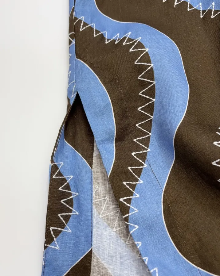 Retro Wave Embroidered Printed Loose-Fit Mid-Length Dress in Blue and Brown, product view 14