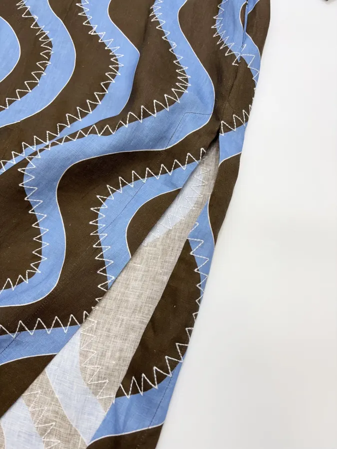 Retro Wave Embroidered Printed Loose-Fit Mid-Length Dress in Blue and Brown, product view 15