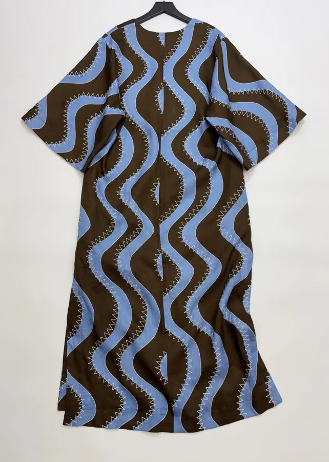 Retro Wave Embroidered Printed Loose-Fit Mid-Length Dress in Blue and Brown, product view 16