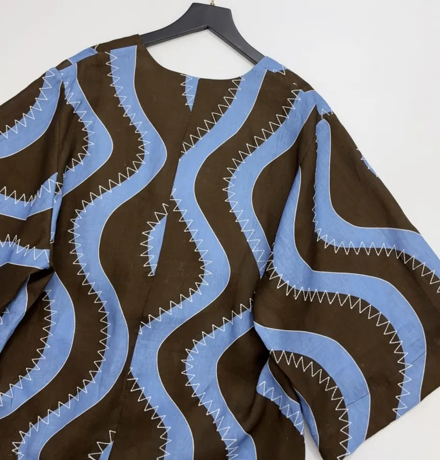 Retro Wave Embroidered Printed Loose-Fit Mid-Length Dress in Blue and Brown, product view 17