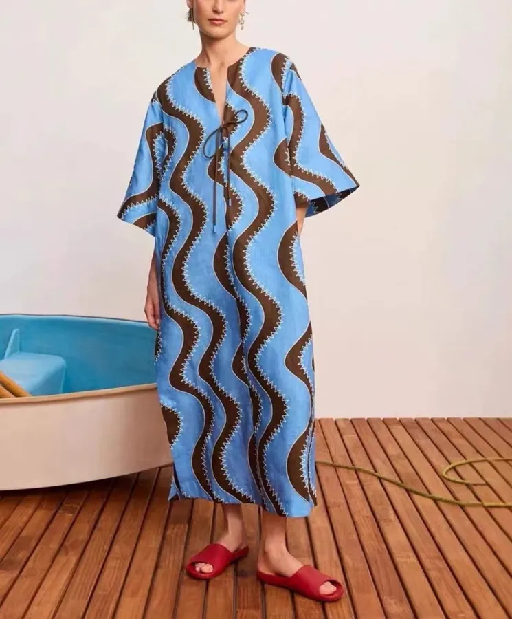 Retro Wave Embroidered Printed Loose-Fit Mid-Length Dress in Blue and Brown, product view 20