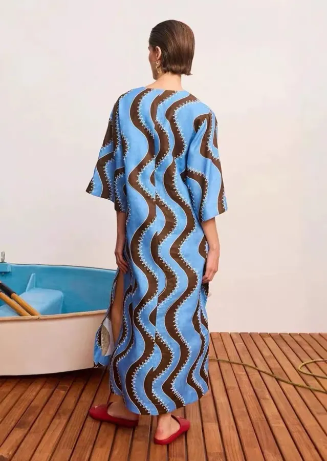 Retro Wave Embroidered Printed Loose-Fit Mid-Length Dress in Blue and Brown, product view 21