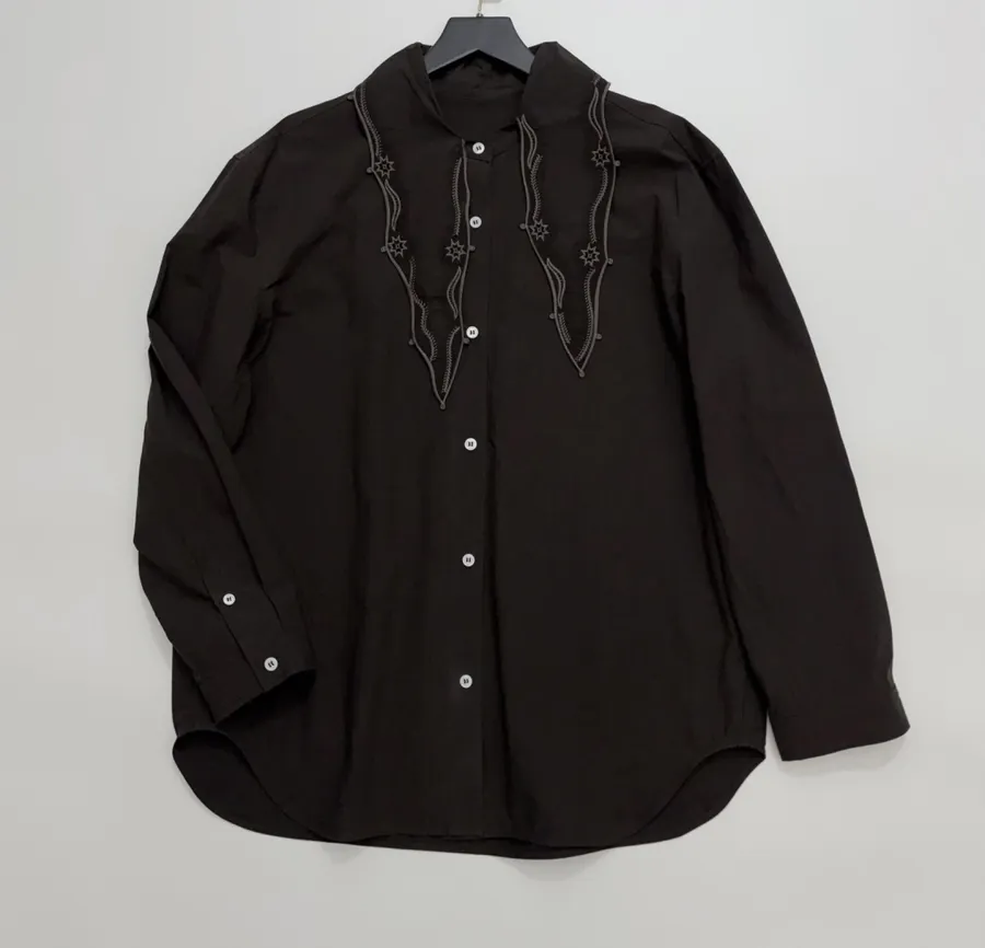 Embroidered Flowing Collar Shirt with Hollow-Out Embroidery for a Chic, Stylish Look in Dark Brown, product view 01
