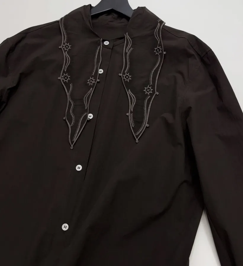 Embroidered Flowing Collar Shirt with Hollow-Out Embroidery for a Chic, Stylish Look in Dark Brown, product view 02