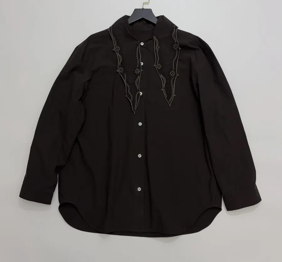 Embroidered Flowing Collar Shirt with Hollow-Out Embroidery for a Chic, Stylish Look in Dark Brown, product view 03