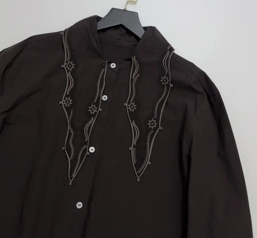 Embroidered Flowing Collar Shirt with Hollow-Out Embroidery for a Chic, Stylish Look in Dark Brown, product view 04