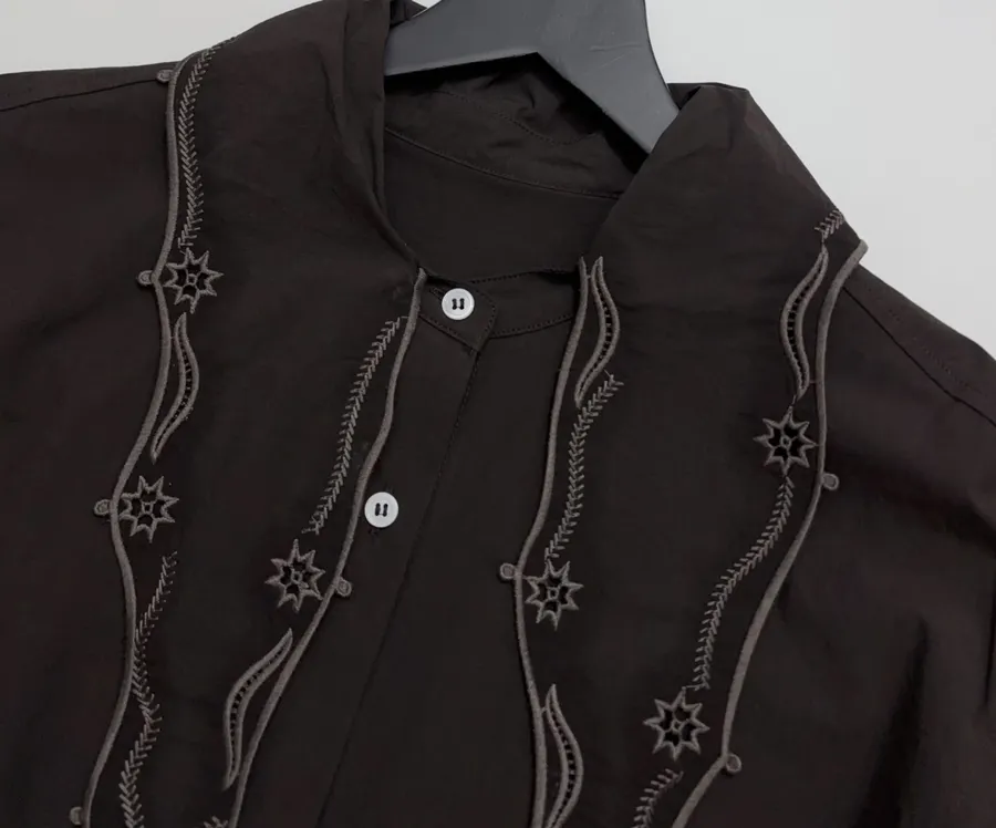 Embroidered Flowing Collar Shirt with Hollow-Out Embroidery for a Chic, Stylish Look in Dark Brown, product view 05