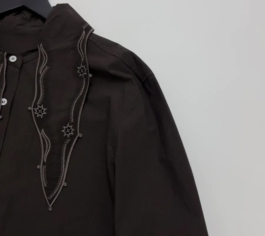 Embroidered Flowing Collar Shirt with Hollow-Out Embroidery for a Chic, Stylish Look in Dark Brown, product view 06