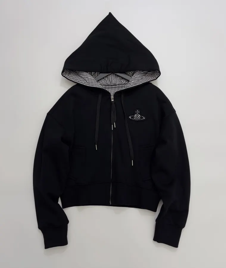 Empress of the West Saturn Hooded Loose-Fit Zip-Up Sweatshirt Jacket in Black, product view 01