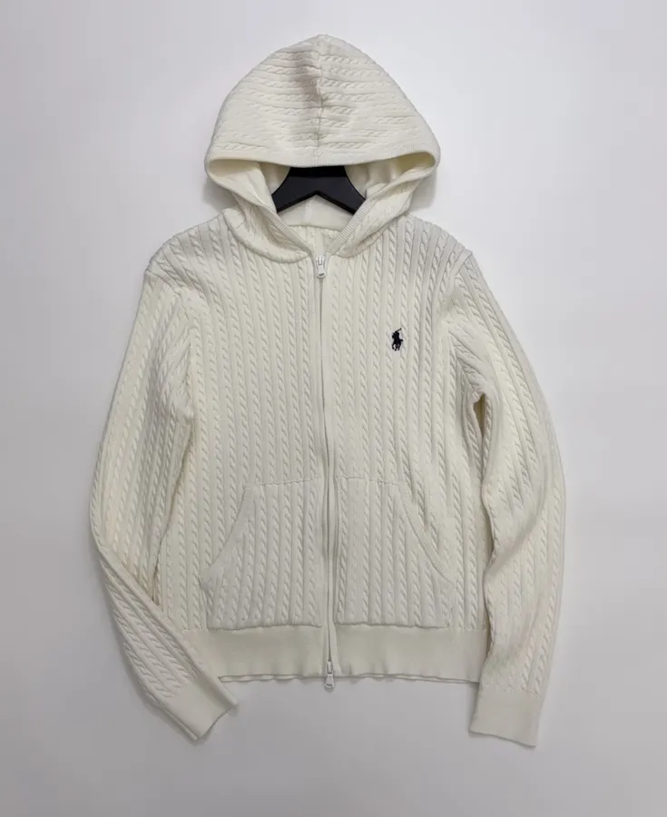 Embroidered Hooded Zip-Up Knitted Cardigan Jacket in Off-White, product view 01