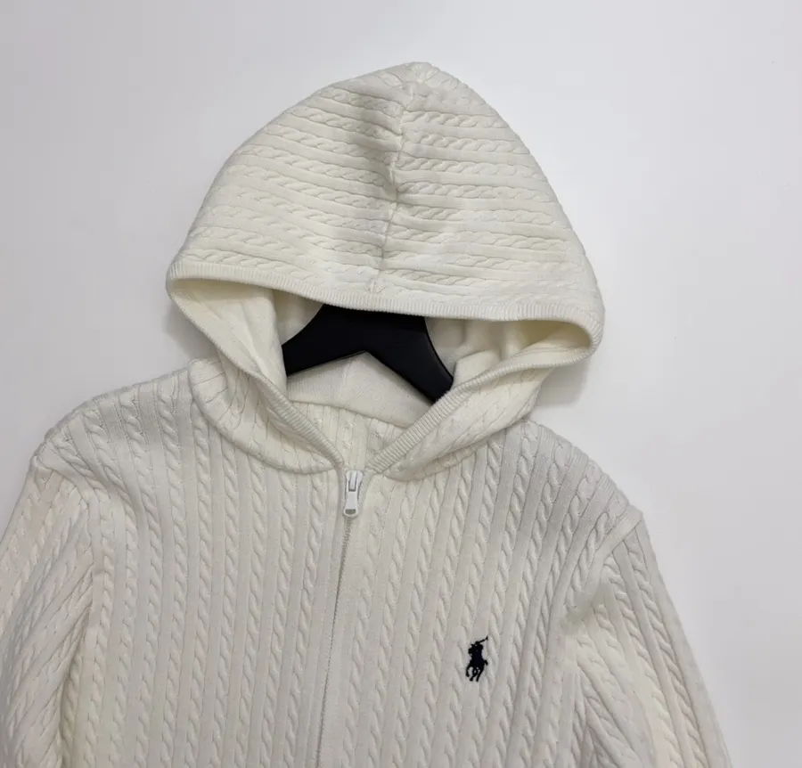 Embroidered Hooded Zip-Up Knitted Cardigan Jacket in Off-White, product view 02