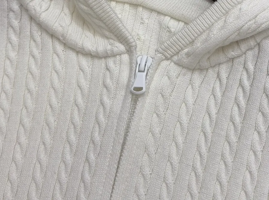 Embroidered Hooded Zip-Up Knitted Cardigan Jacket in Off-White, product view 04