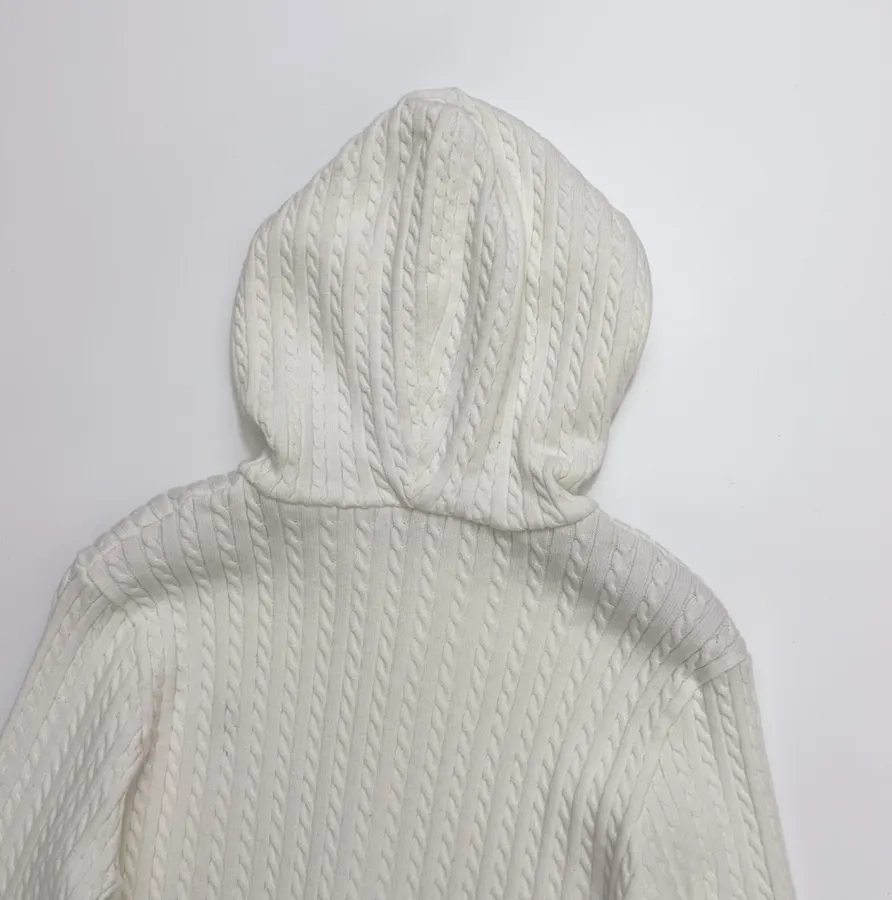 Embroidered Hooded Zip-Up Knitted Cardigan Jacket in Off-White, product view 14