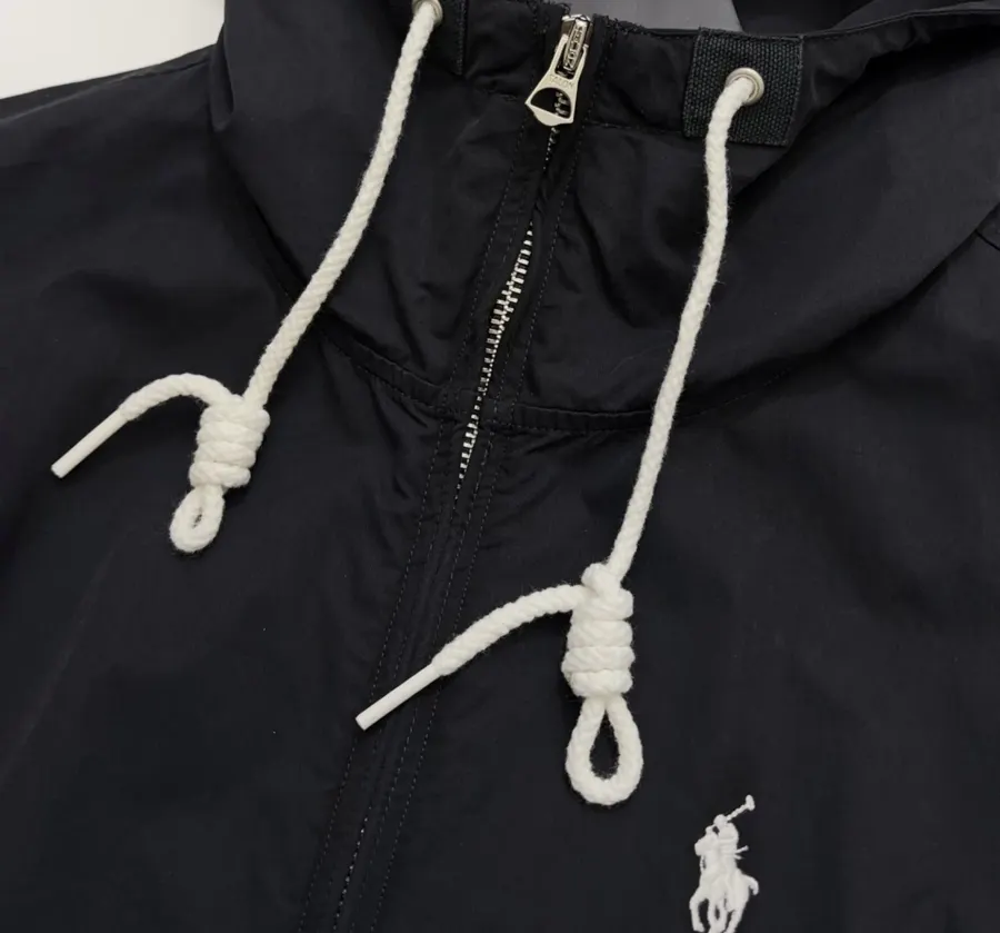Black Hooded Drawstring Zip Jacket in Black, product view 04