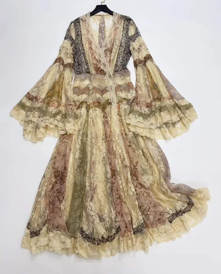 Beige Lace-Panel Vintage Print Maxi Dress in Beige, product view 02
