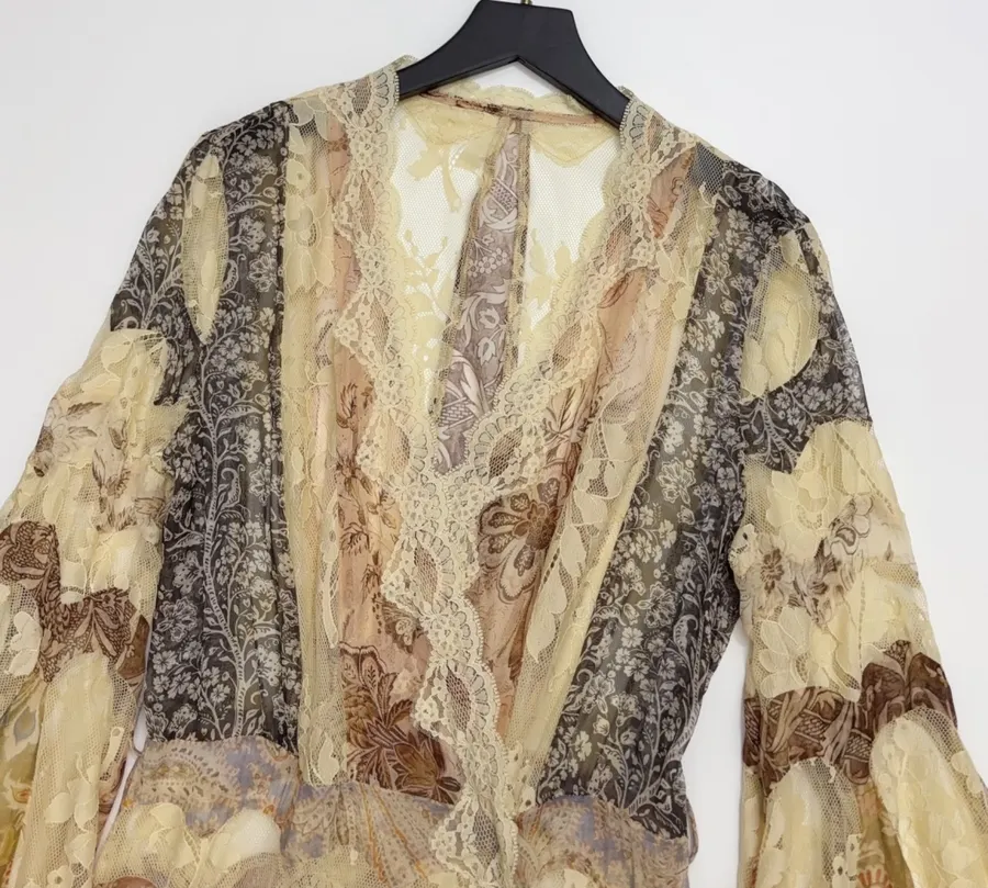 Beige Lace-Panel Vintage Print Maxi Dress in Beige, product view 03