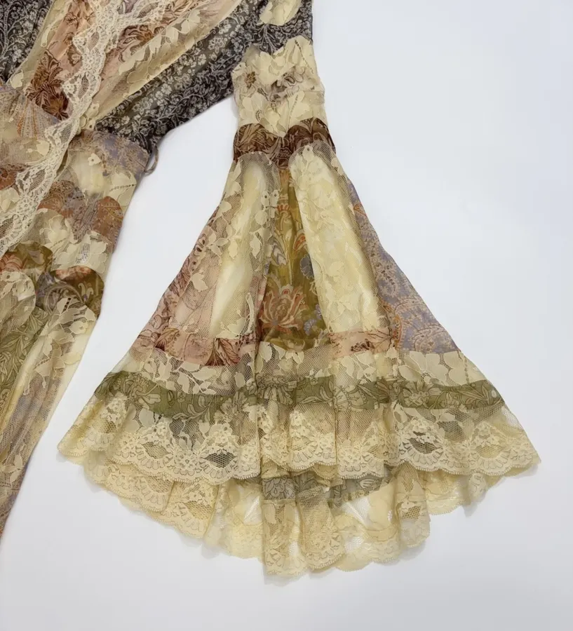 Beige Lace-Panel Vintage Print Maxi Dress in Beige, product view 06