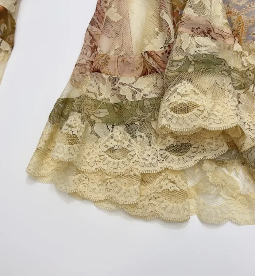 Beige Lace-Panel Vintage Print Maxi Dress in Beige, product view 07