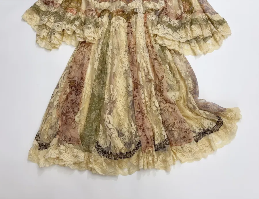Beige Lace-Panel Vintage Print Maxi Dress in Beige, product view 09