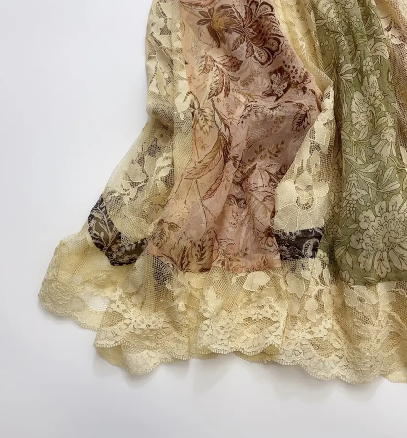 Beige Lace-Panel Vintage Print Maxi Dress in Beige, product view 11