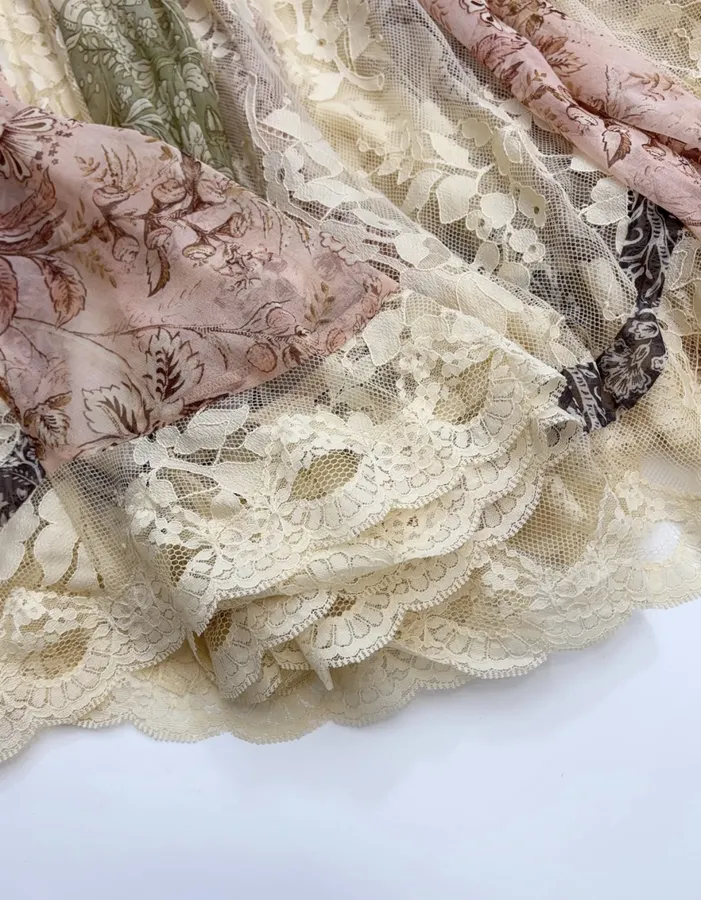 Beige Lace-Panel Vintage Print Maxi Dress in Beige, product view 12