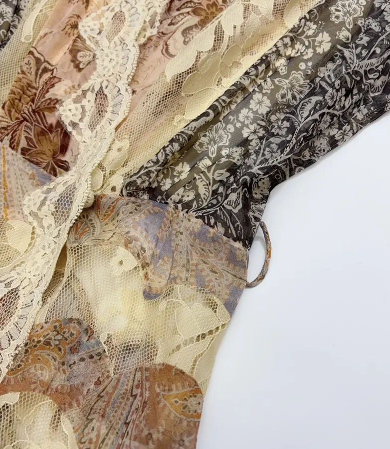 Beige Lace-Panel Vintage Print Maxi Dress in Beige, product view 15