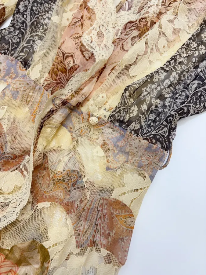 Beige Lace-Panel Vintage Print Maxi Dress in Beige, product view 16