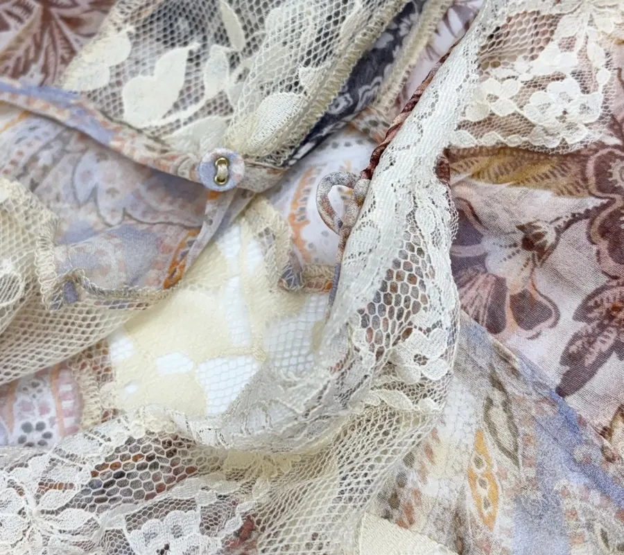 Beige Lace-Panel Vintage Print Maxi Dress in Beige, product view 17