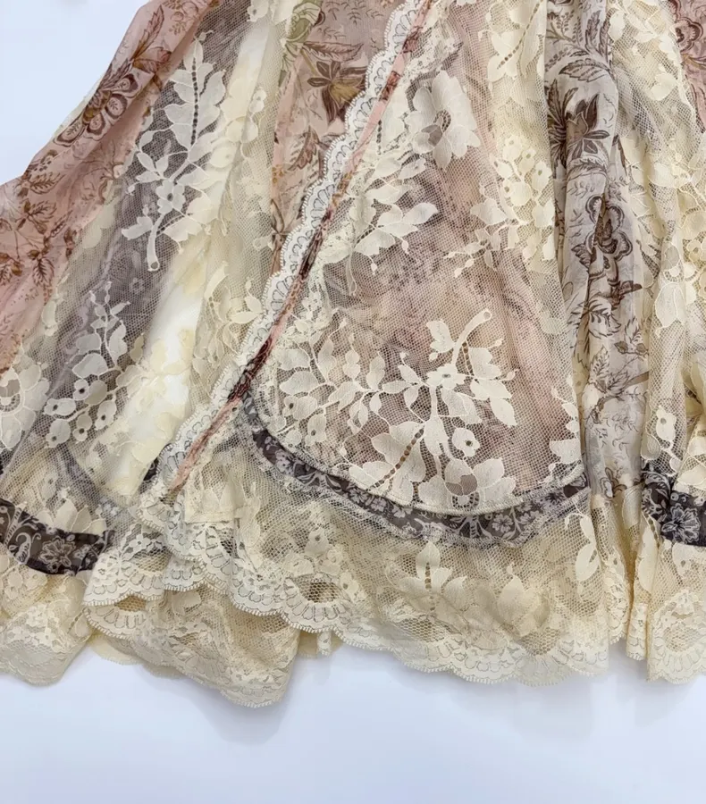 Beige Lace-Panel Vintage Print Maxi Dress in Beige, product view 19