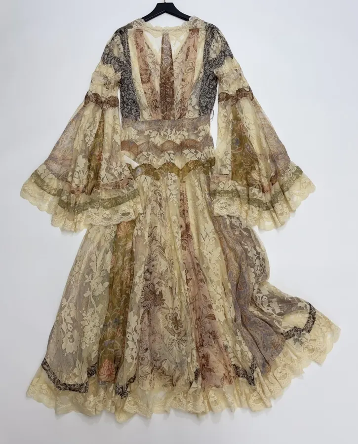 Beige Lace-Panel Vintage Print Maxi Dress in Beige, product view 22