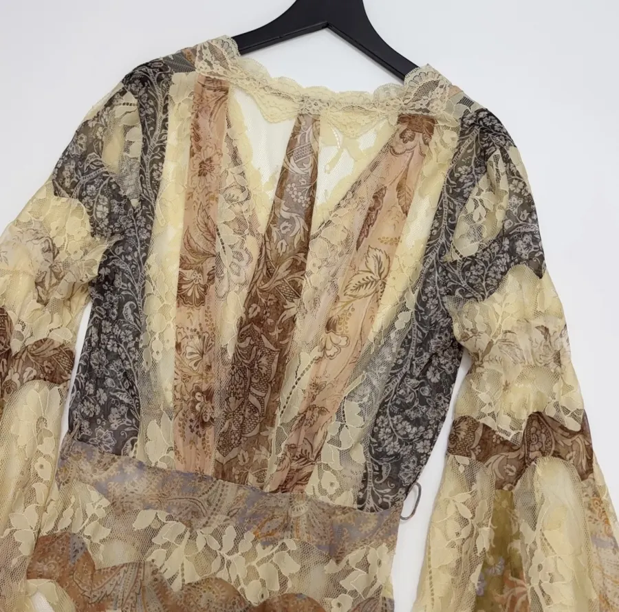 Beige Lace-Panel Vintage Print Maxi Dress in Beige, product view 23