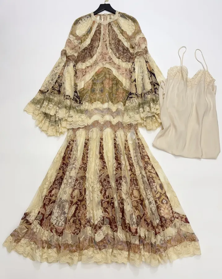 Beige Vintage Print Bell-Sleeve Maxi Dress in Beige, product view 01