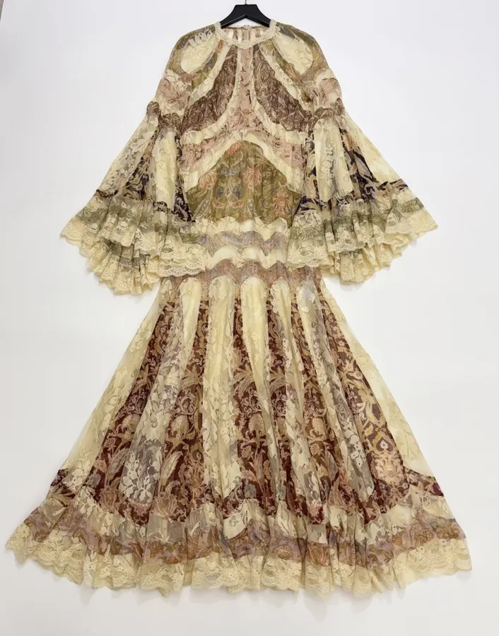 Beige Vintage Print Bell-Sleeve Maxi Dress in Beige, product view 02