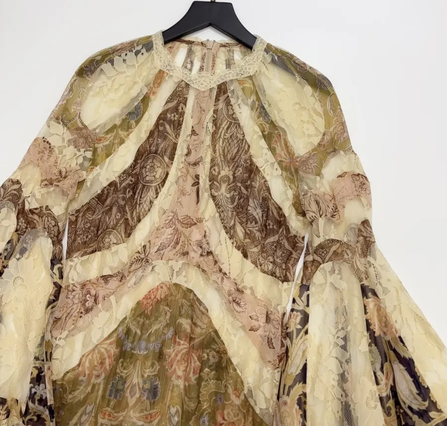 Beige Vintage Print Bell-Sleeve Maxi Dress in Beige, product view 03
