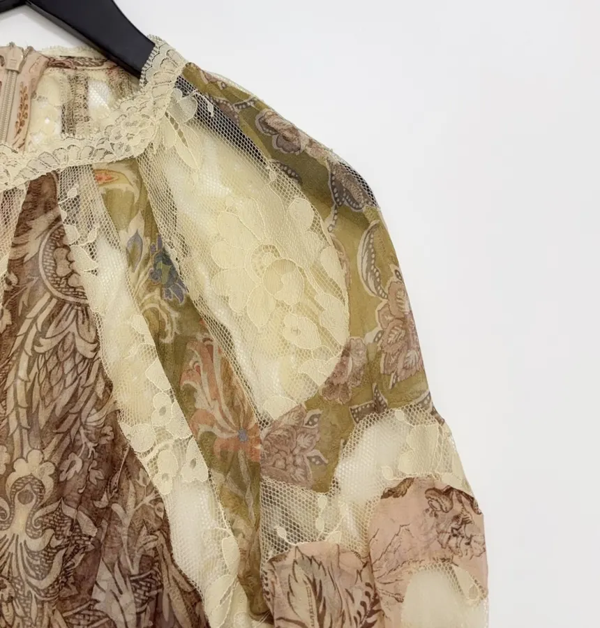 Beige Vintage Print Bell-Sleeve Maxi Dress in Beige, product view 04