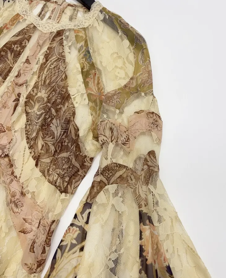 Beige Vintage Print Bell-Sleeve Maxi Dress in Beige, product view 05