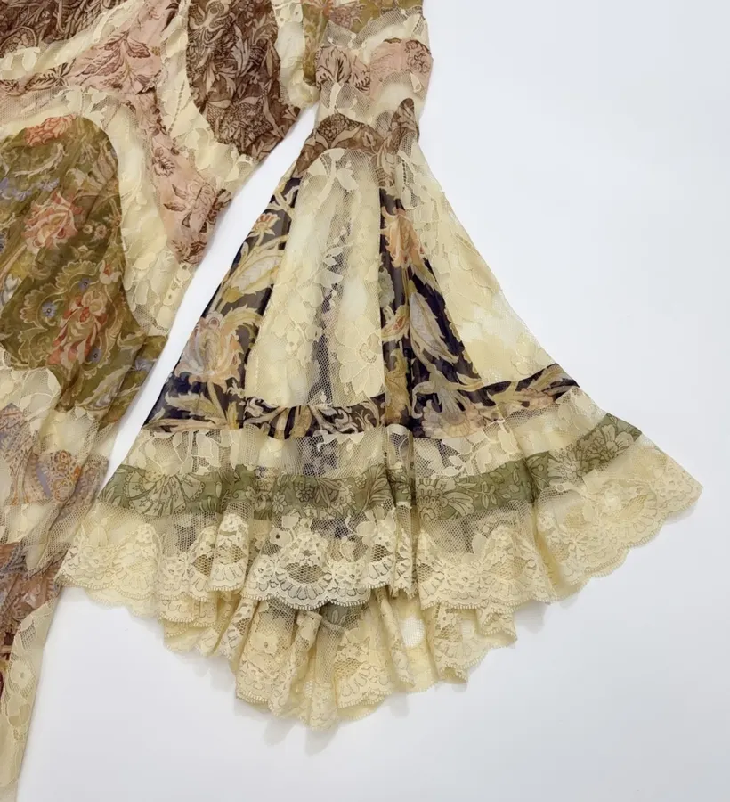 Beige Vintage Print Bell-Sleeve Maxi Dress in Beige, product view 06
