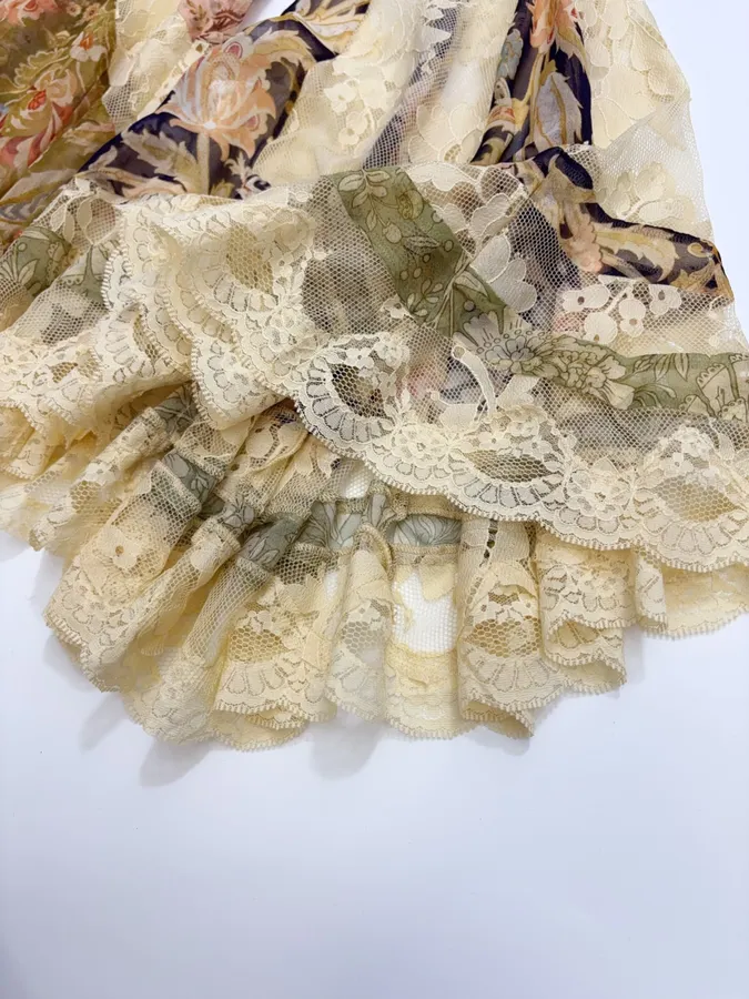Beige Vintage Print Bell-Sleeve Maxi Dress in Beige, product view 09