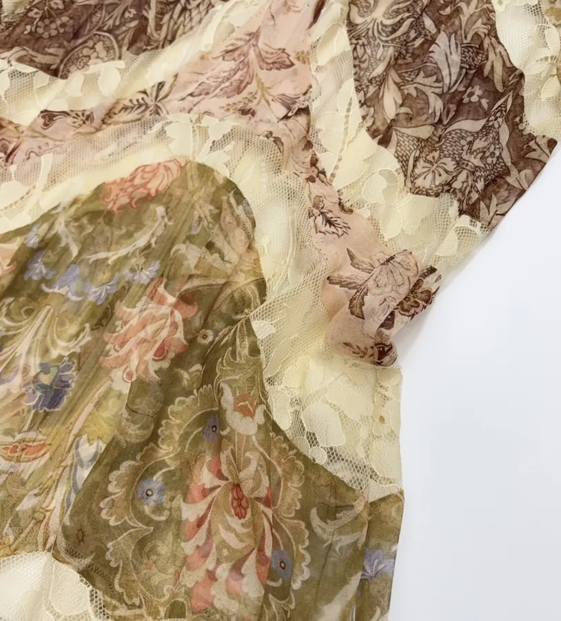 Beige Vintage Print Bell-Sleeve Maxi Dress in Beige, product view 11