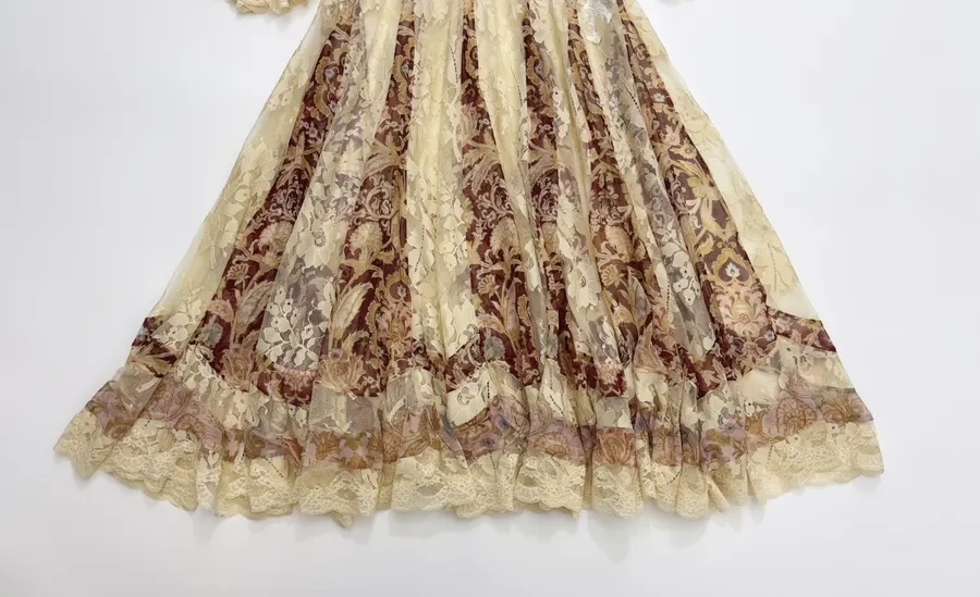 Beige Vintage Print Bell-Sleeve Maxi Dress in Beige, product view 12