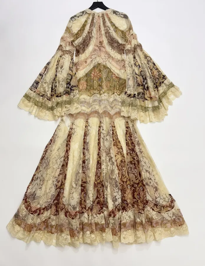 Beige Vintage Print Bell-Sleeve Maxi Dress in Beige, product view 20