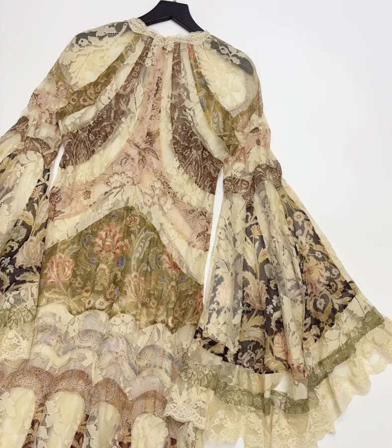 Beige Vintage Print Bell-Sleeve Maxi Dress in Beige, product view 22
