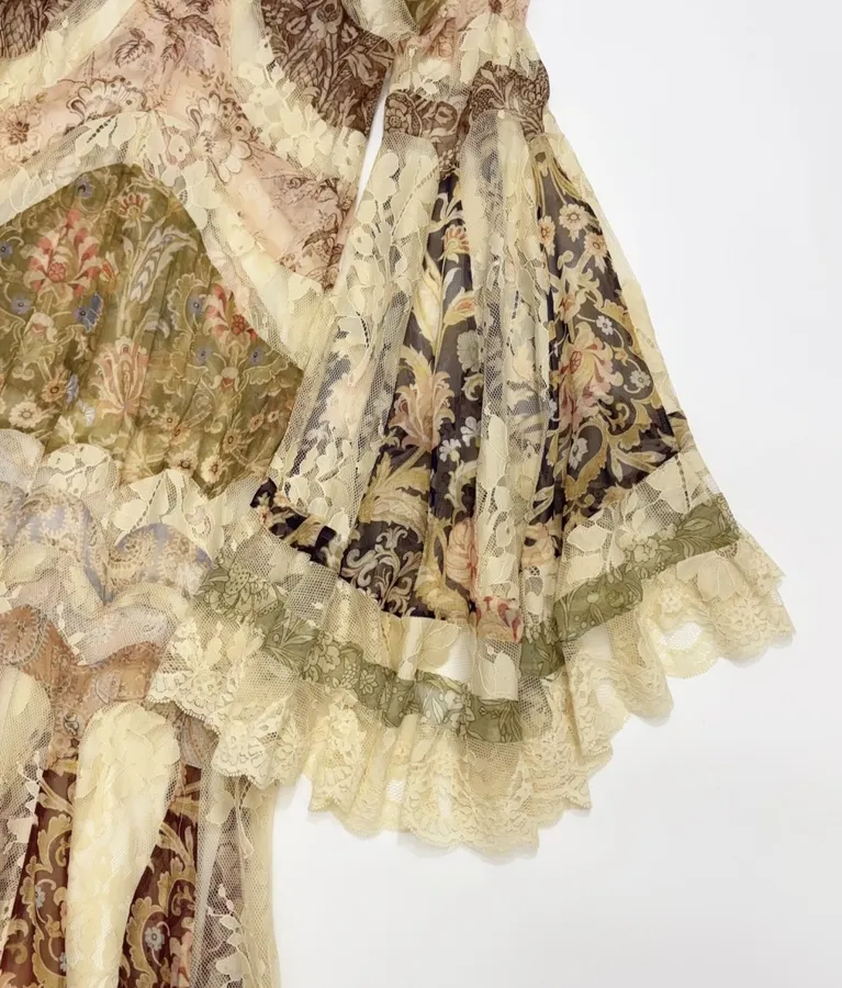 Beige Vintage Print Bell-Sleeve Maxi Dress in Beige, product view 23
