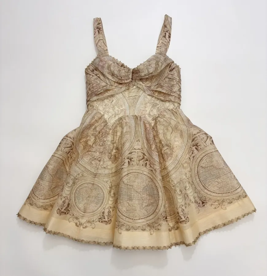 Cream Vintage Print Strappy Dress in Apricot, product view 01