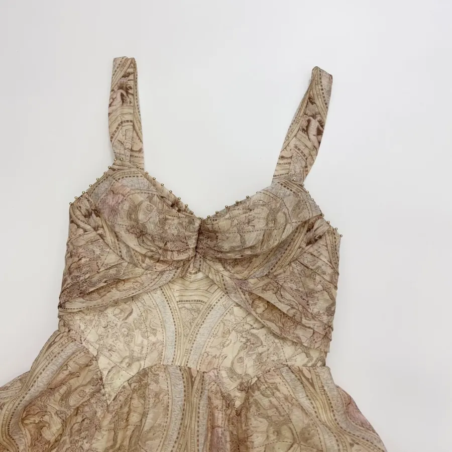 Cream Vintage Print Strappy Dress in Apricot, product view 02