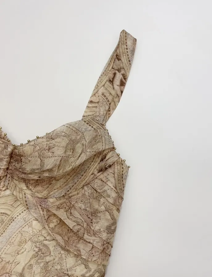 Cream Vintage Print Strappy Dress in Apricot, product view 03